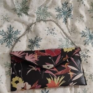 Guess Black Floral Clutch with Silver Chain